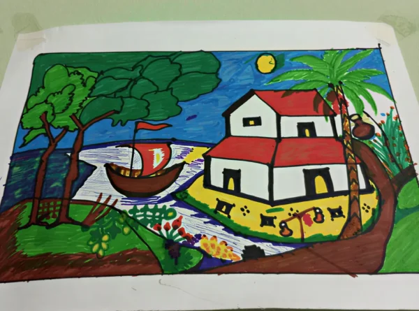 Realistic Hand Made Drawing of Riverside Hut