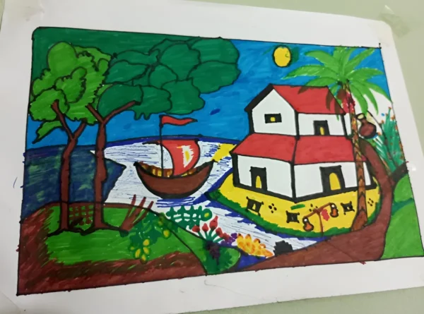 Realistic Hand Made Drawing of Riverside Hut