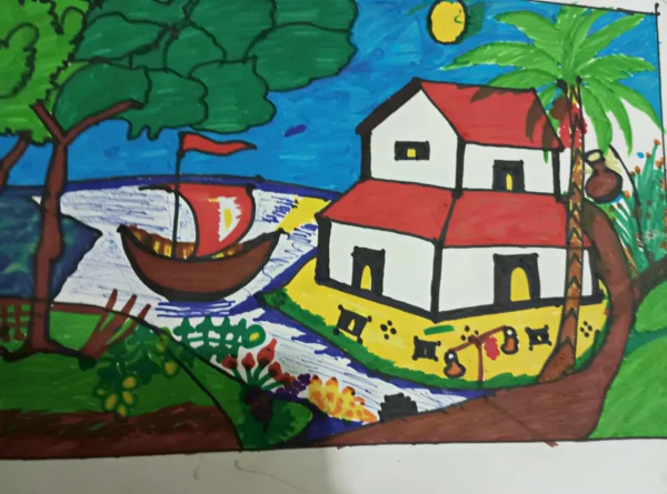 Realistic Hand Made Drawing of Riverside Hut