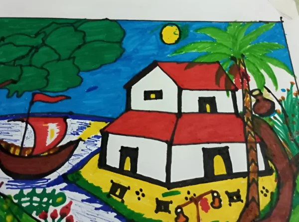 Realistic Hand Made Drawing of Riverside Hut